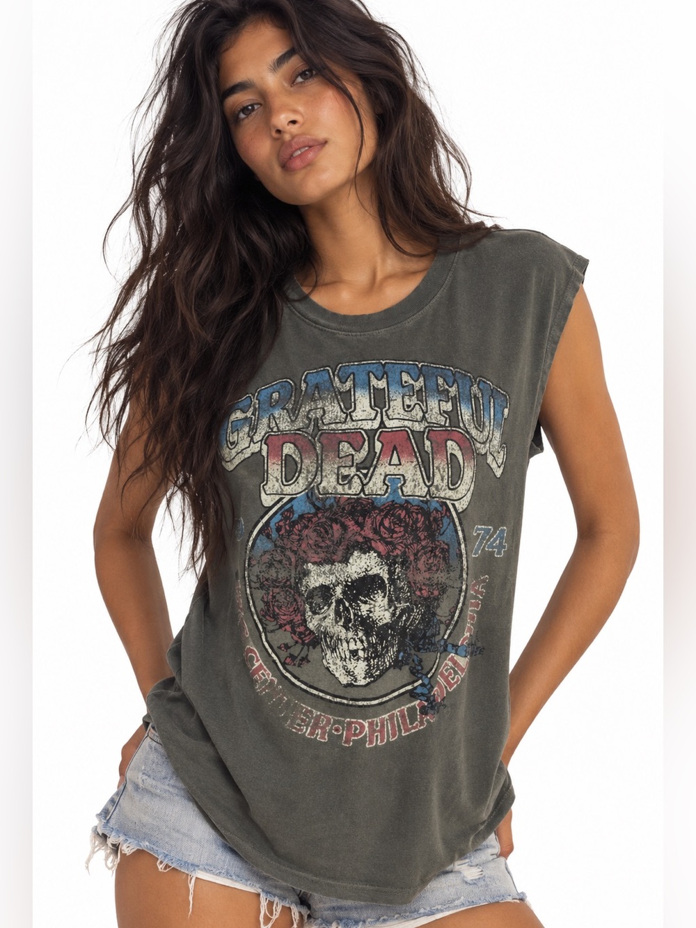 Junk Food Grateful Dead 1974 Skull Roses Muscle Tee Medium Distressed Green
